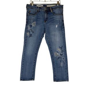 Anthro Pilcro and the Letterpress Slim Boyfriend Embroidered/Patched Jeans 30/8
